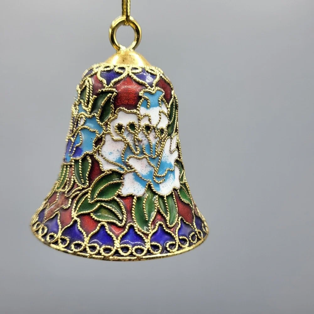 Cloisonne Bell Ornament Floral Enamel Filigree Blue Red Gold Holiday Decor